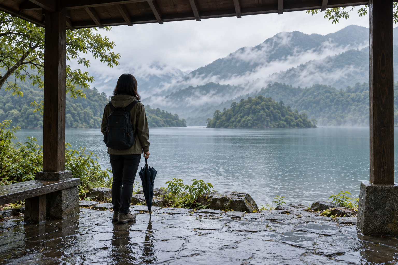 AI illustration of a traveler looking across a fictional Taiwan-inspired lake from a rain shelter