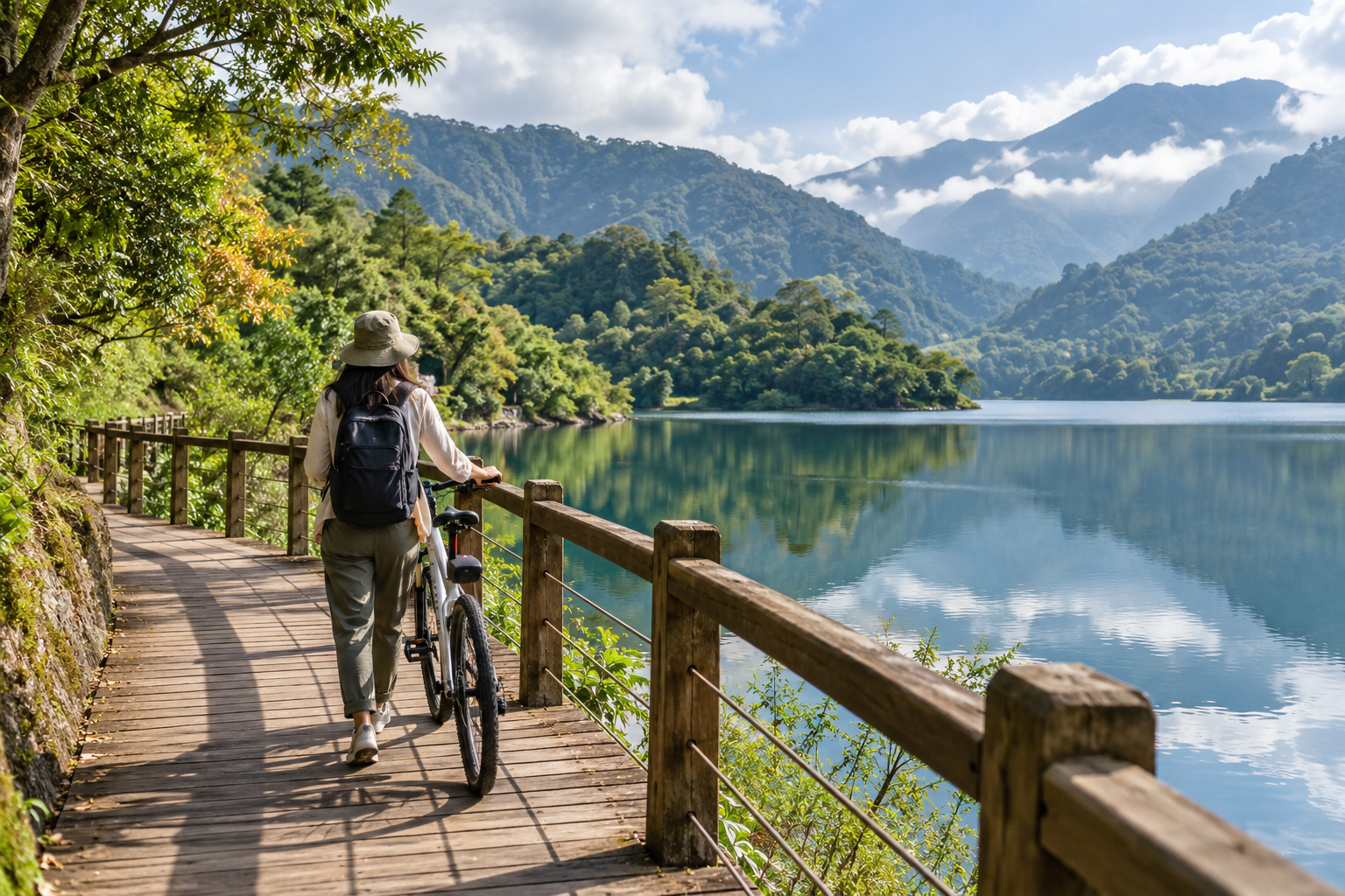 AI illustration of a traveler walking a bicycle beside a fictional Taiwan-inspired mountain lake