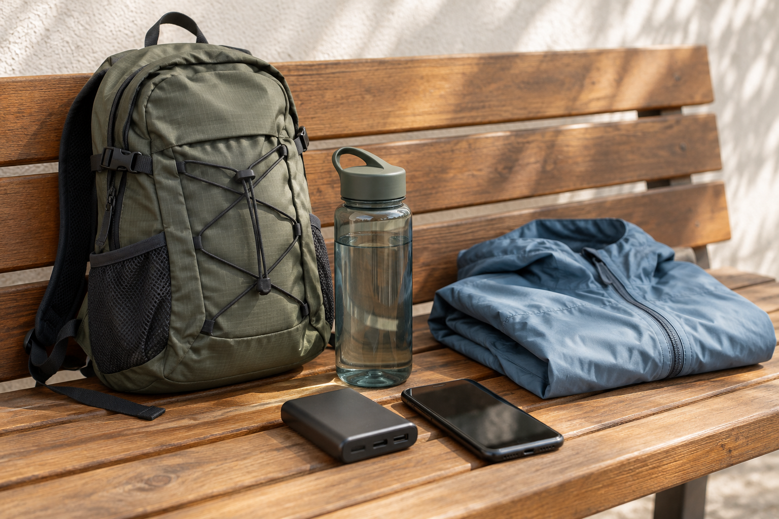 AI illustration of a compact day bag, water bottle, raincoat, power bank and phone on a bench