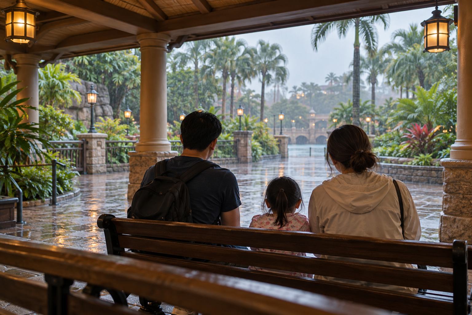 AI illustration of a family resting under cover in a fictional subtropical theme park during drizzle