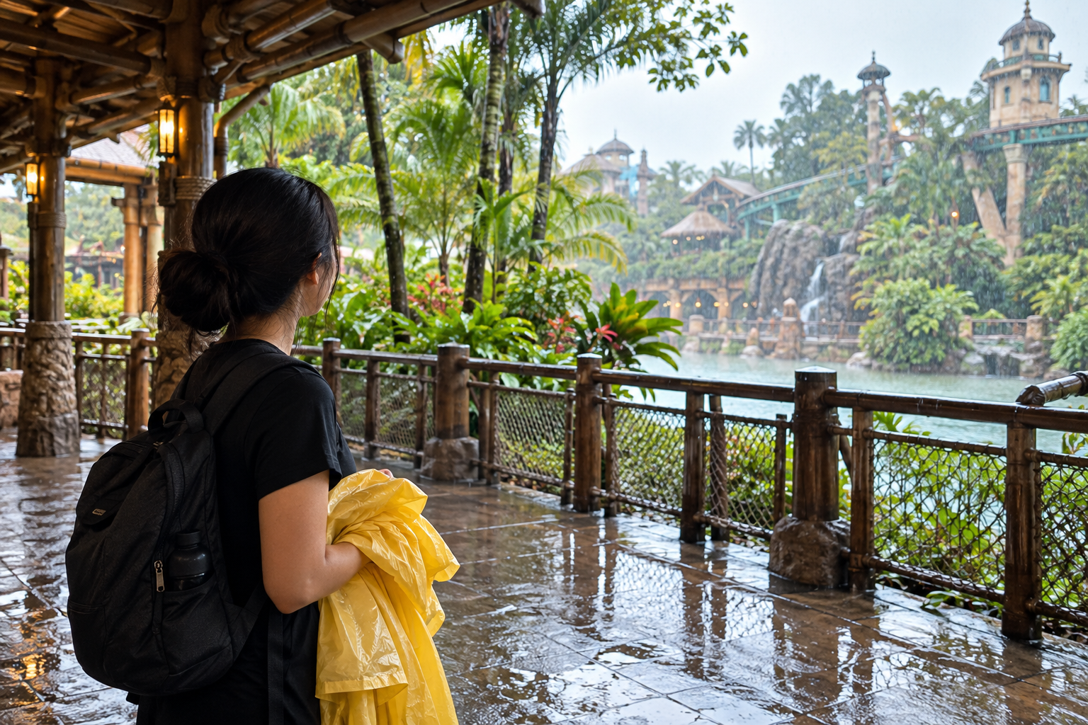 AI illustration of a traveler sheltering from rain in a fictional tropical theme park
