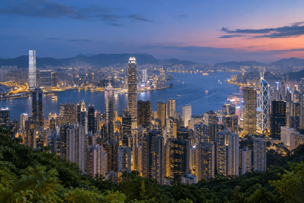 AI illustration of Hong Kong Island towers and Victoria Harbour viewed from a green hillside at blue hour