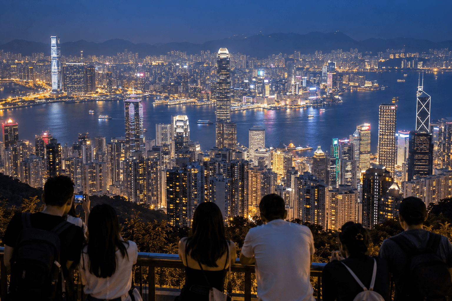 AI illustration of visitors looking across Hong Kong harbour from an elevated hillside viewpoint at night