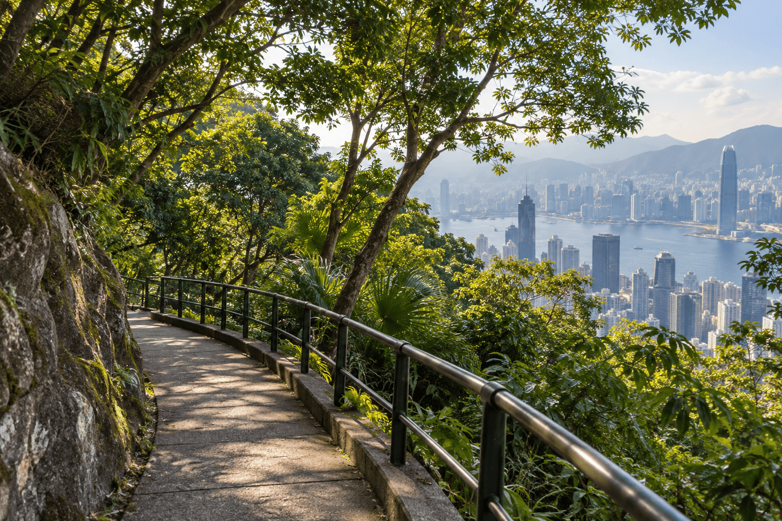 AI illustration of a shaded Hong Kong hillside pedestrian path with trees and a distant harbour glimpse