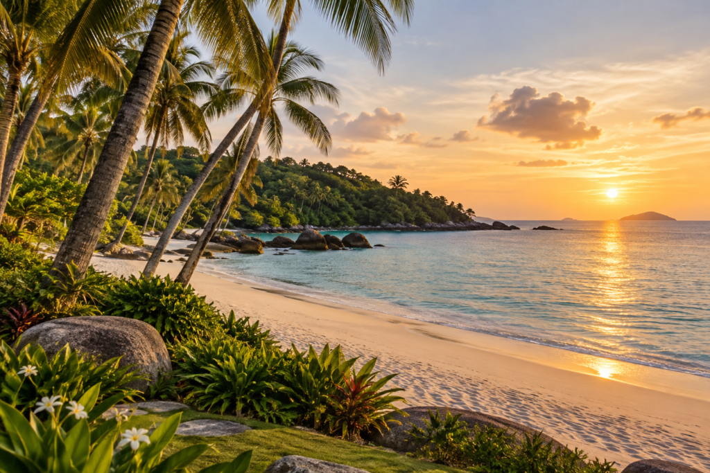AI illustration of a fictional Vietnamese-island-inspired beach with palms and warm late-afternoon light