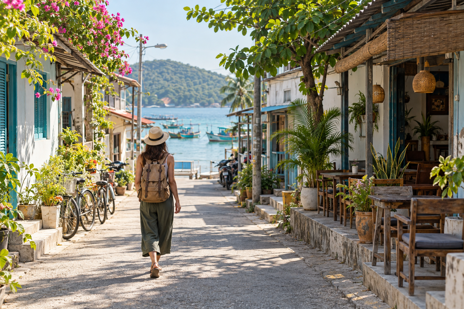 AI illustration of a traveler on a fictional Vietnamese coastal town lane, not an actual Duong Dong street