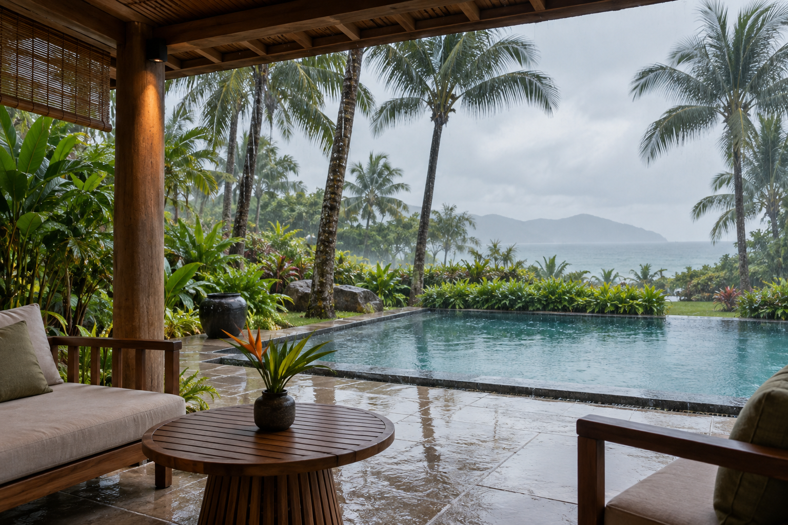 AI illustration of a covered terrace beside a fictional tropical resort pool during light rain