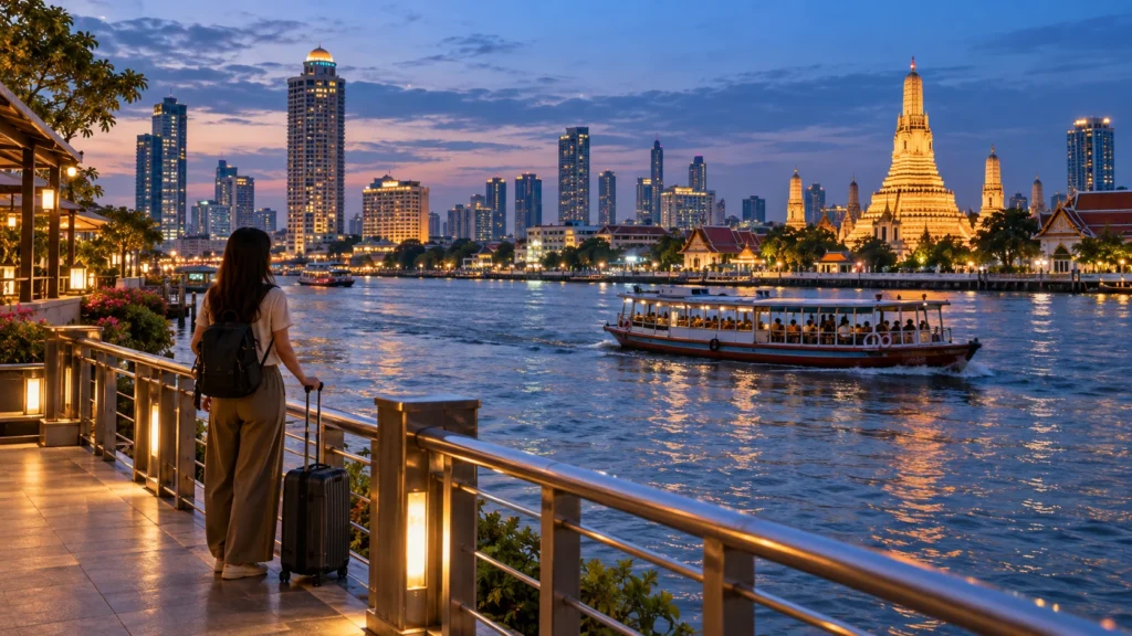 Illustration of a traveler with luggage beside Bangkok's Chao Phraya River at dusk