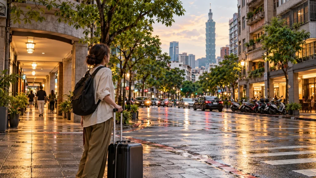 Illustration of a traveler with luggage on a Taipei street with Taipei 101 in the distance