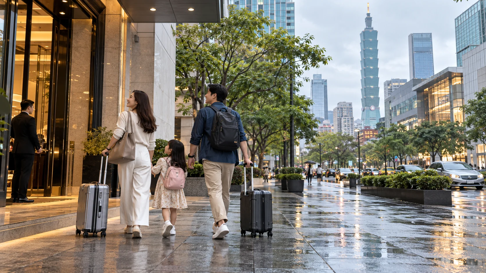 Illustration of a family with luggage walking beside modern Taipei buildings with Taipei 101 in view