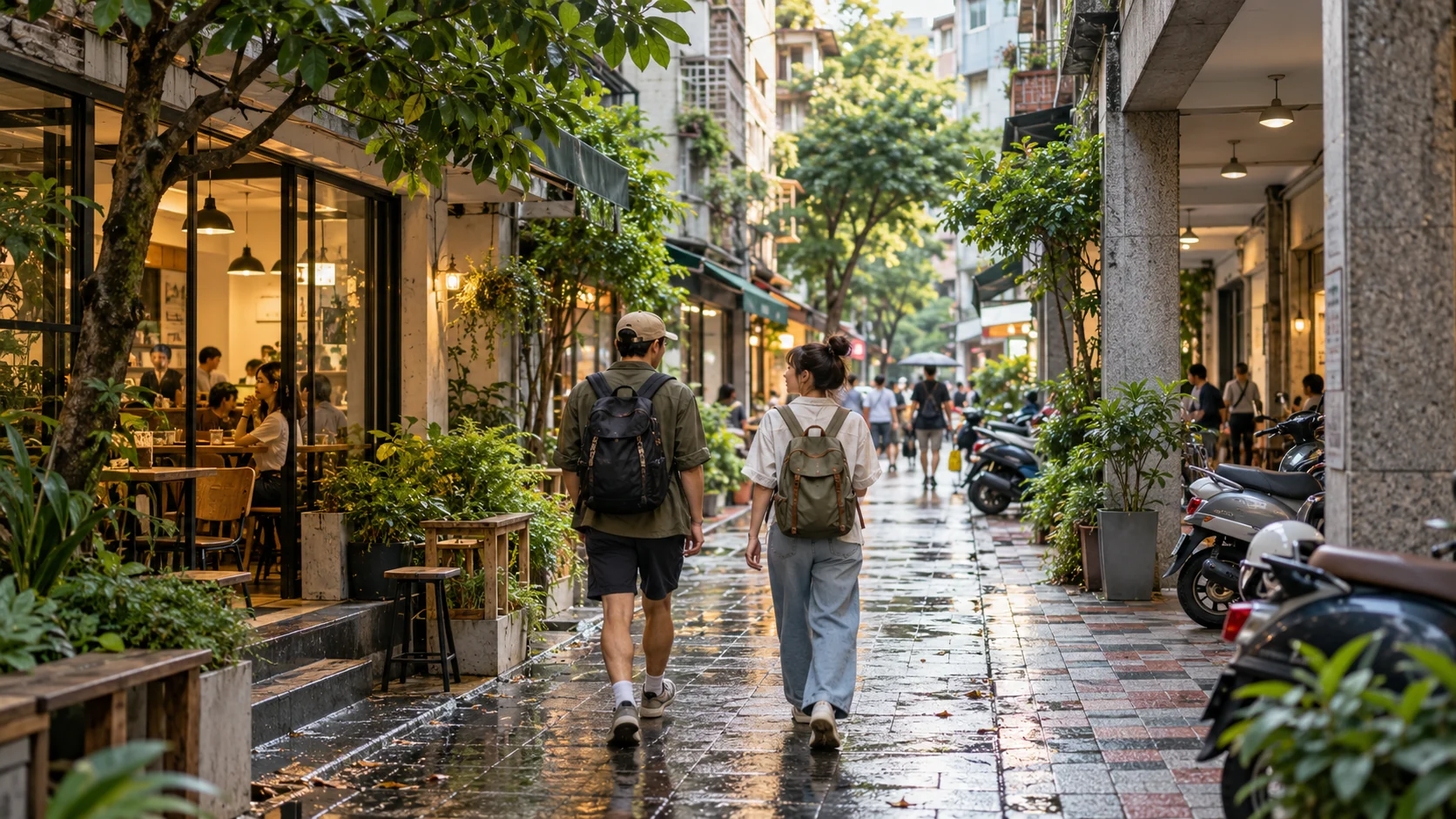 Illustration of travelers walking through a cafe-lined Taipei neighborhood after rain